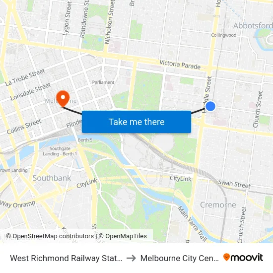 West Richmond Railway Station to Melbourne City Centre map