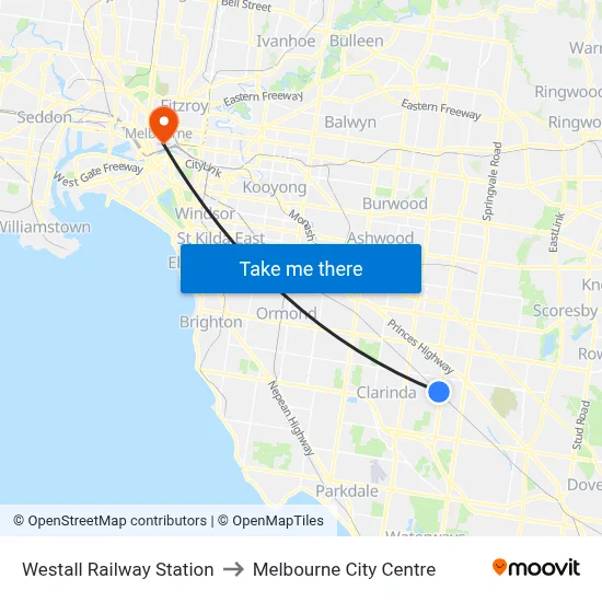 Westall Railway Station to Melbourne City Centre map