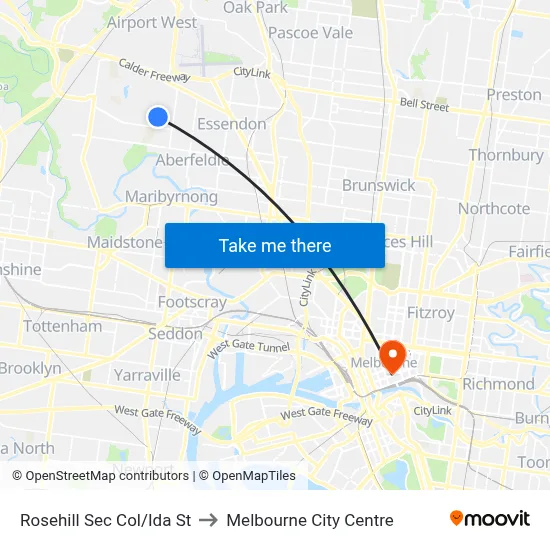 Rosehill Sec Col/Ida St to Melbourne City Centre map