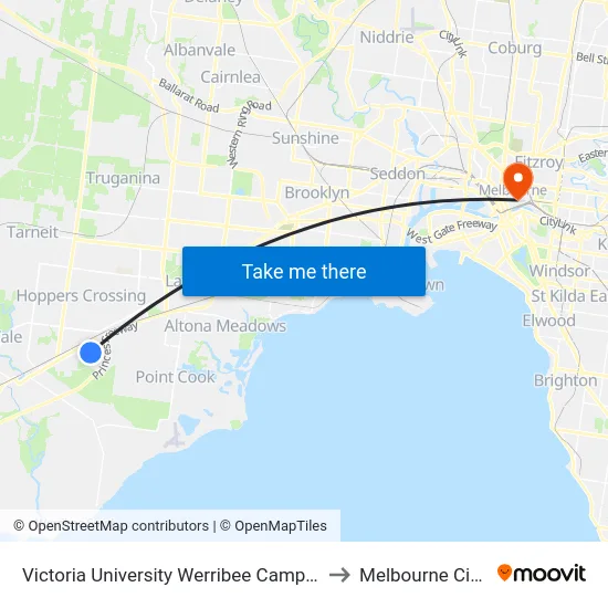 Victoria University Werribee Campus/Hoppers Lane to Melbourne City Centre map