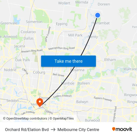 Orchard Rd/Elation Bvd to Melbourne City Centre map