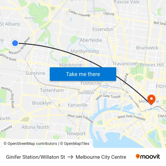 Ginifer Station/Willaton St to Melbourne City Centre map