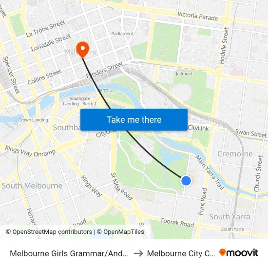 Melbourne Girls Grammar/Anderson St to Melbourne City Centre map