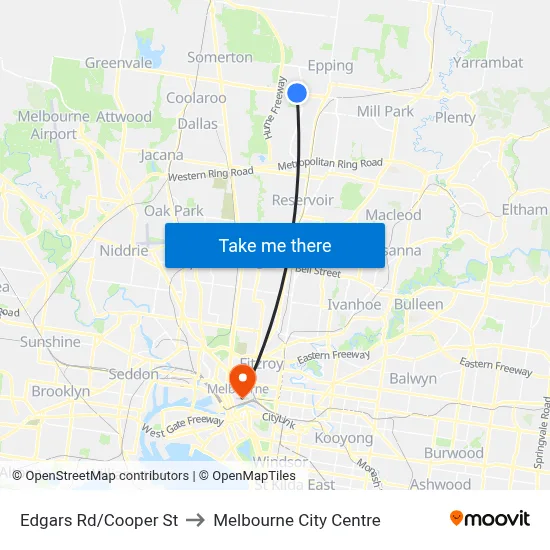 Edgars Rd/Cooper St to Melbourne City Centre map