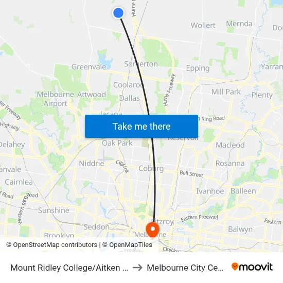 Mount Ridley College/Aitken Bvd to Melbourne City Centre map