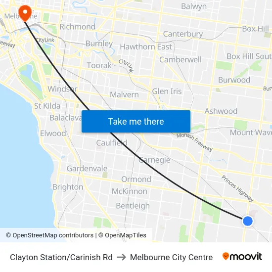 Clayton Station/Carinish Rd to Melbourne City Centre map