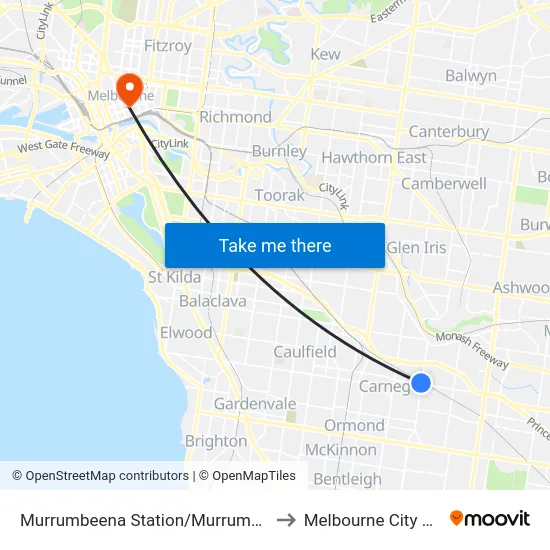Murrumbeena Station/Murrumbeena Rd to Melbourne City Centre map