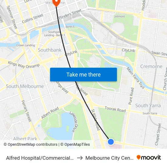 Alfred Hospital/Commercial Rd to Melbourne City Centre map