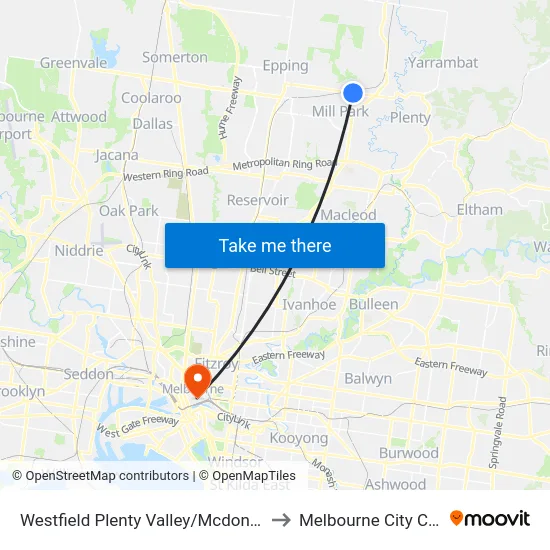 Westfield Plenty Valley/Mcdonalds Rd to Melbourne City Centre map