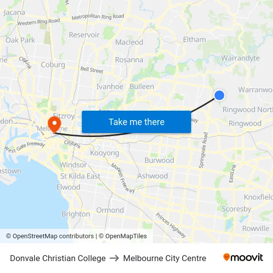 Donvale Christian College to Melbourne City Centre map