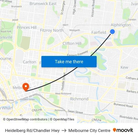 Heidelberg Rd/Chandler Hwy to Melbourne City Centre map