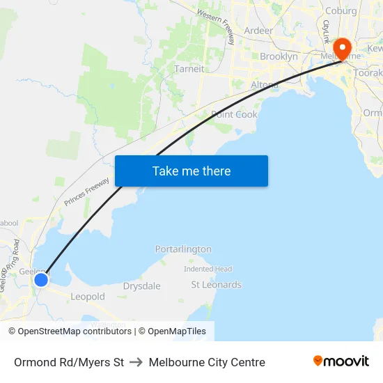 Ormond Rd/Myers St to Melbourne City Centre map