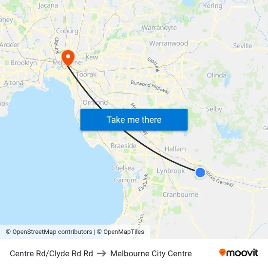 Centre Rd/Clyde Rd Rd to Melbourne City Centre map
