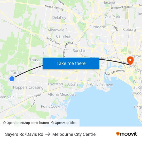 Sayers Rd/Davis Rd to Melbourne City Centre map