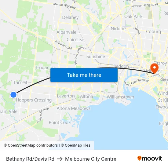 Bethany Rd/Davis Rd to Melbourne City Centre map