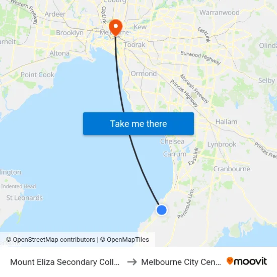 Mount Eliza Secondary College to Melbourne City Centre map