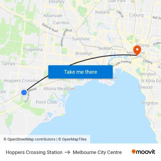 Hoppers Crossing Station to Melbourne City Centre map