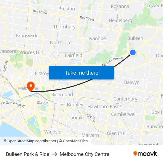 Bulleen Park & Ride to Melbourne City Centre map