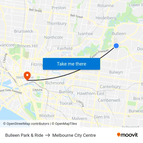 Bulleen Park & Ride to Melbourne City Centre map