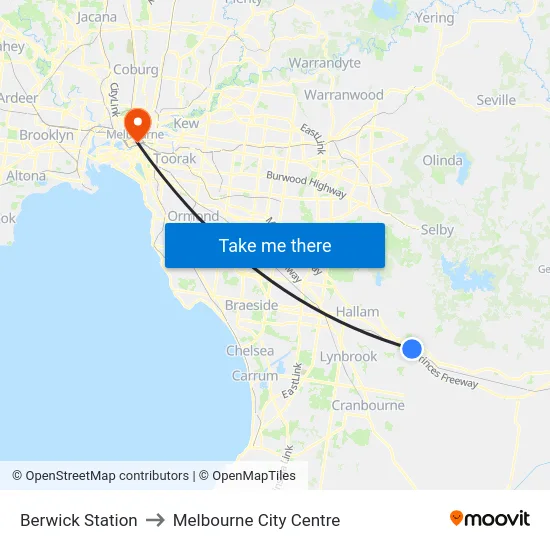 Berwick Station to Melbourne City Centre map