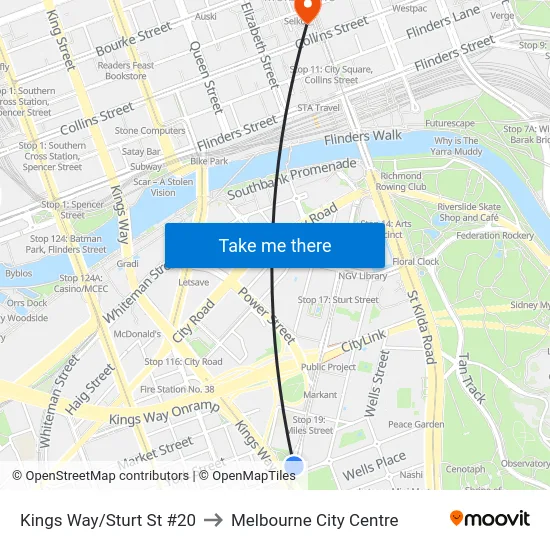 Kings Way/Sturt St #20 to Melbourne City Centre map