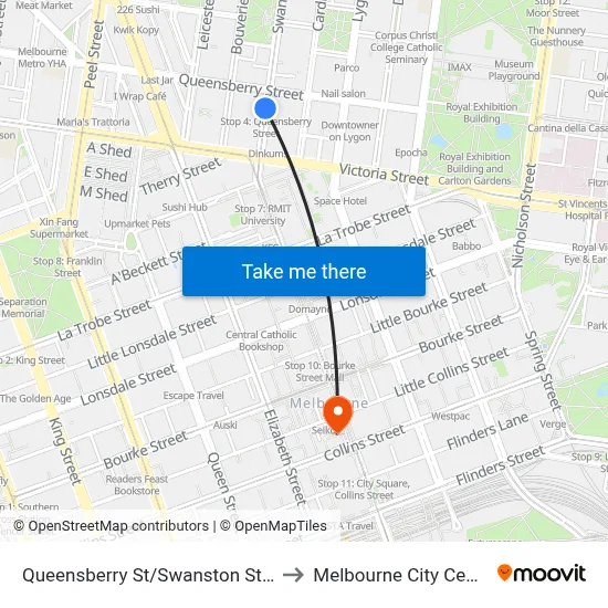 Queensberry St/Swanston St #4 to Melbourne City Centre map