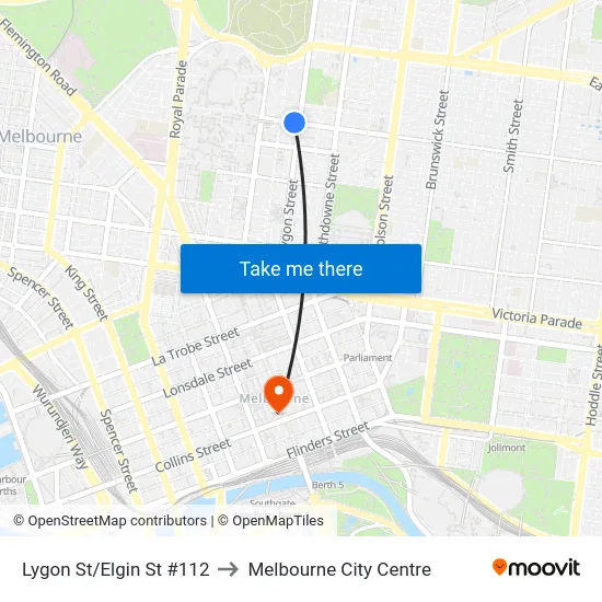 Lygon St/Elgin St #112 to Melbourne City Centre map