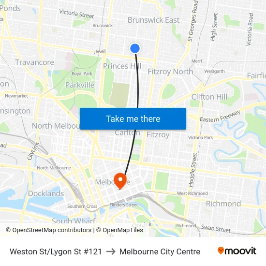 Weston St/Lygon St #121 to Melbourne City Centre map