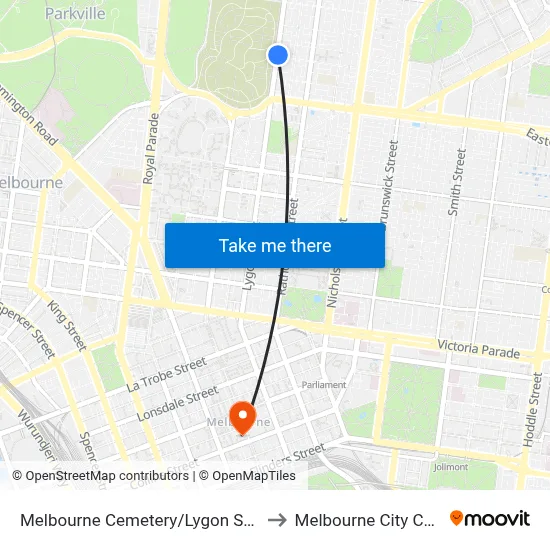 Melbourne Cemetery/Lygon St #115 to Melbourne City Centre map