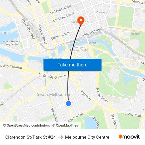 Clarendon St/Park St #24 to Melbourne City Centre map