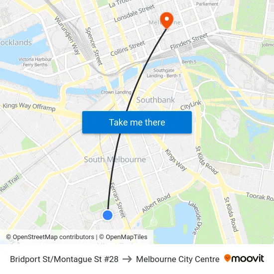 Bridport St/Montague St #28 to Melbourne City Centre map