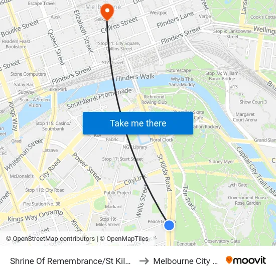 Shrine Of Remembrance/St Kilda Rd #19 to Melbourne City Centre map
