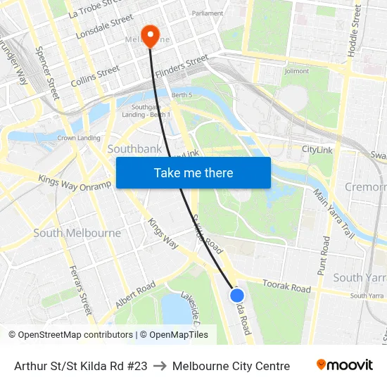 Arthur St/St Kilda Rd #23 to Melbourne City Centre map