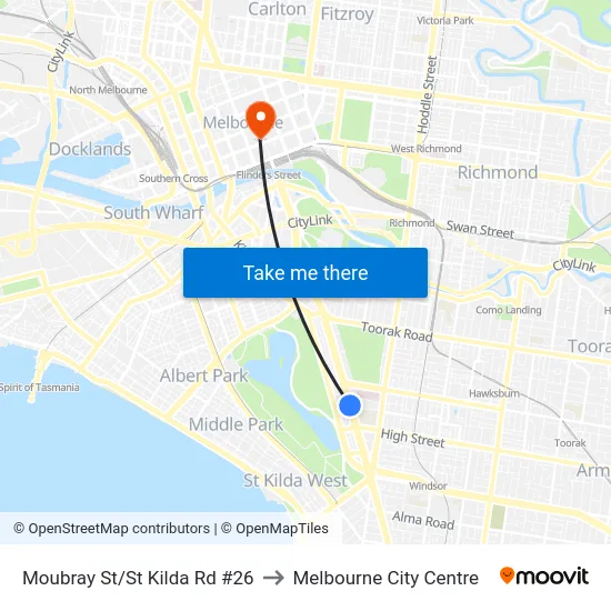 Moubray St/St Kilda Rd #26 to Melbourne City Centre map