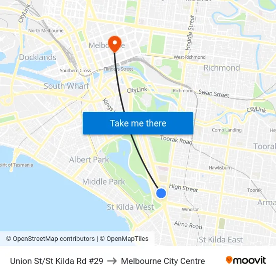 Union St/St Kilda Rd #29 to Melbourne City Centre map