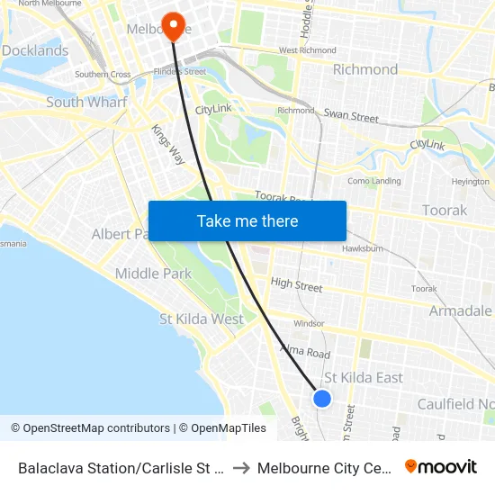 Balaclava Station/Carlisle St #38 to Melbourne City Centre map