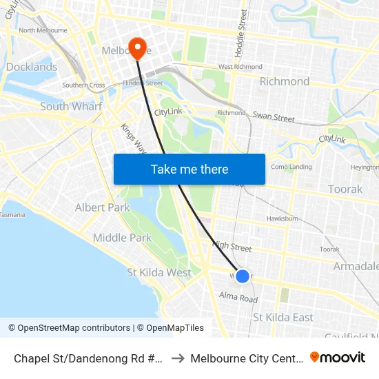 Chapel St/Dandenong Rd #32 to Melbourne City Centre map