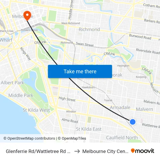 Glenferrie Rd/Wattletree Rd #45 to Melbourne City Centre map