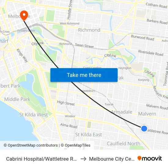 Cabrini Hospital/Wattletree Rd #47 to Melbourne City Centre map