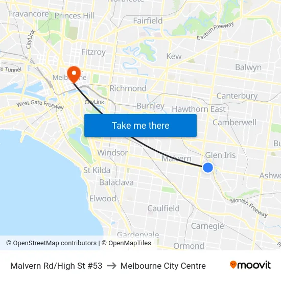 Malvern Rd/High St #53 to Melbourne City Centre map