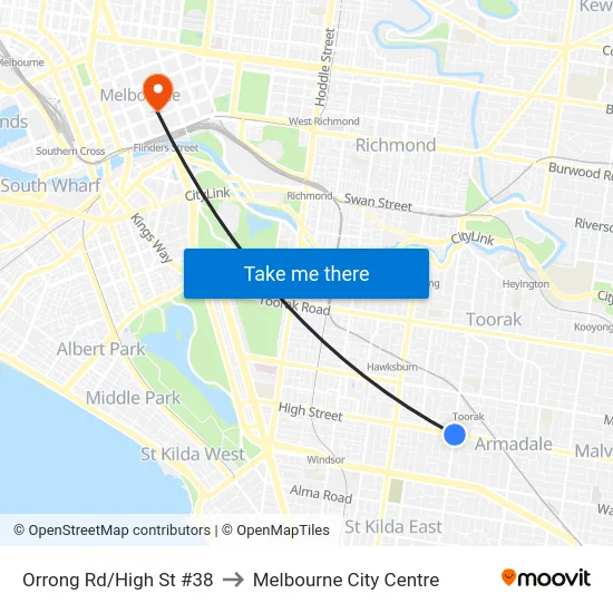 Orrong Rd/High St #38 to Melbourne City Centre map