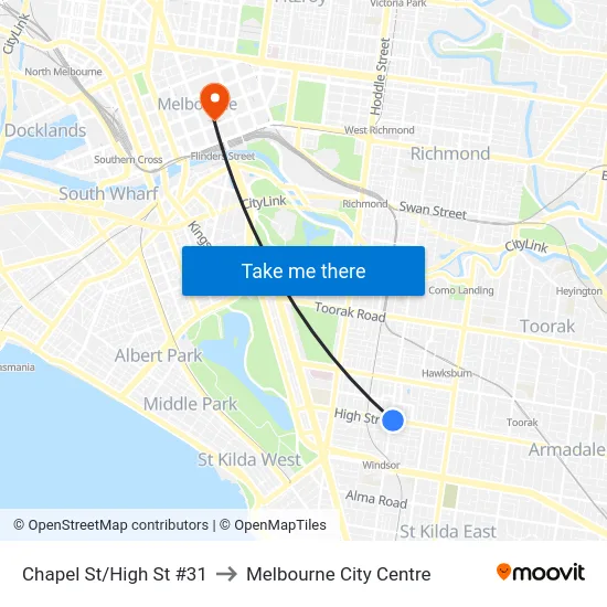 Chapel St/High St #31 to Melbourne City Centre map