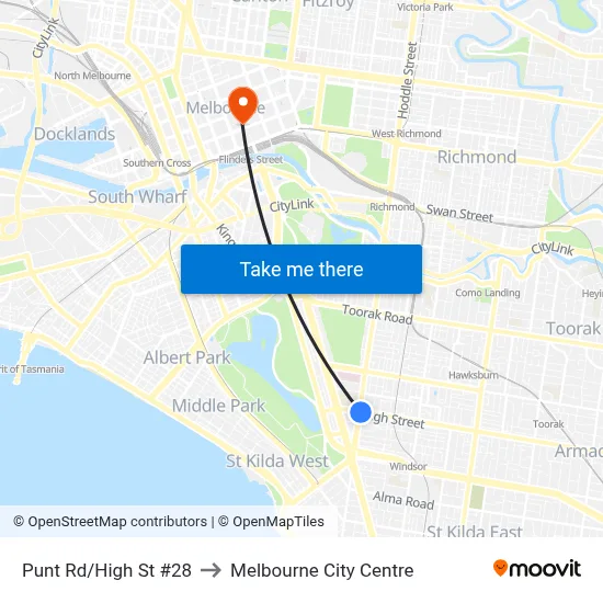 Punt Rd/High St #28 to Melbourne City Centre map
