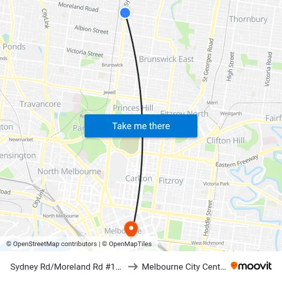 Sydney Rd/Moreland Rd #132 to Melbourne City Centre map