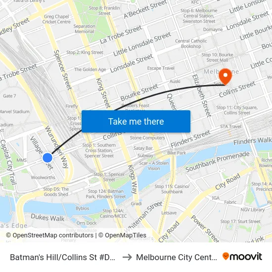 Batman's Hill/Collins St #D15 to Melbourne City Centre map