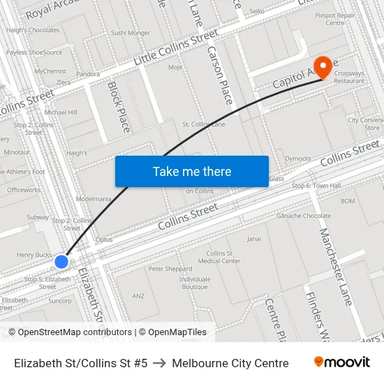 Elizabeth St/Collins St #5 to Melbourne City Centre map