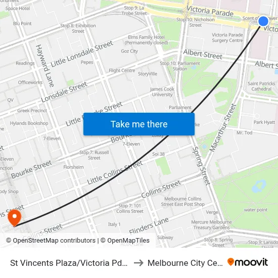 St Vincents Plaza/Victoria Pde #12 to Melbourne City Centre map