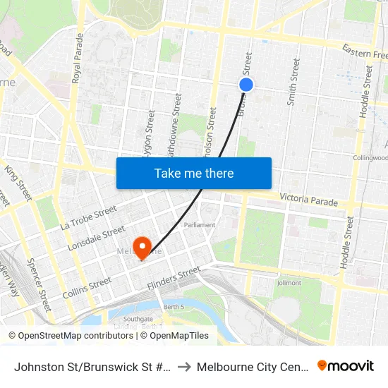 Johnston St/Brunswick St #16 to Melbourne City Centre map