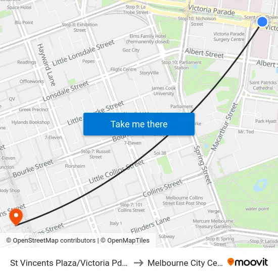 St Vincents Plaza/Victoria Pde #12 to Melbourne City Centre map