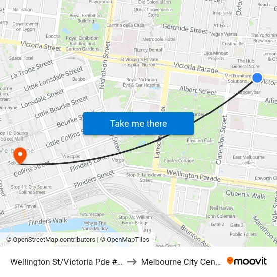 Wellington St/Victoria Pde #16 to Melbourne City Centre map